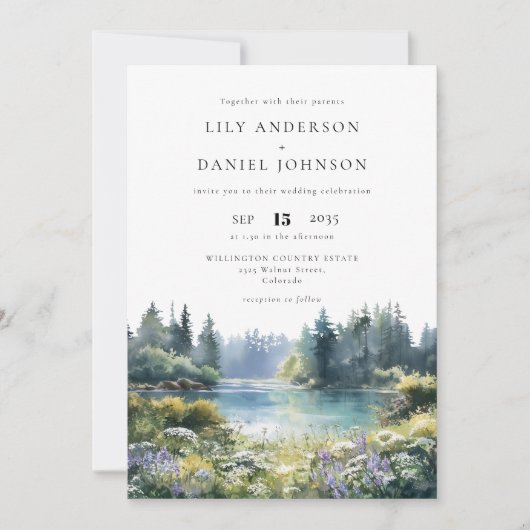 Invitation Mariage Floral au Bord du Lac en Forêt (Devant)