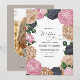 Invitation Mariage Floral au Charbon de Bois, Taupe Clair et