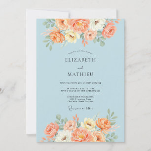 Invitation Mariage Floral au Charme de Pêche Bleu Ciel