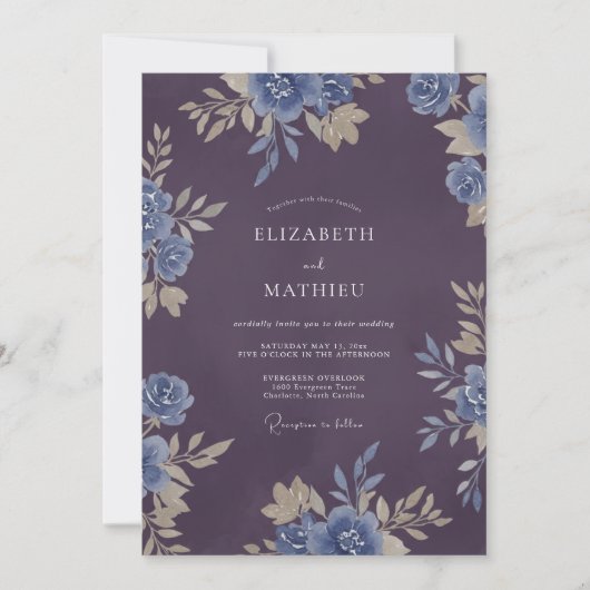 Invitation Mariage Floral au Prune (Devant)