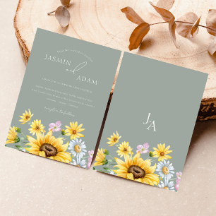 Invitation Mariage floral au tournesol vert sauge élégant