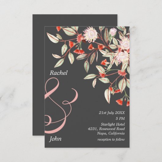 Invitation Mariage Floral Australien Gris et Blush (Devant / Derrière)