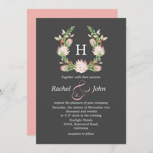Invitation Mariage Floral Australien Gris Formel (Devant / Derrière)