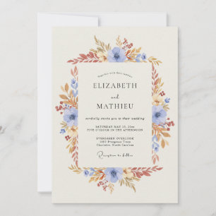 Invitation Mariage Floral Automnal Bleu Ciel