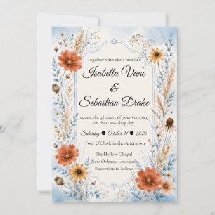 Invitation Mariage Floral Automnal Bleu Élégant