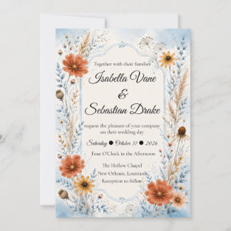 Invitation Mariage Floral Automnal Bleu Élégant