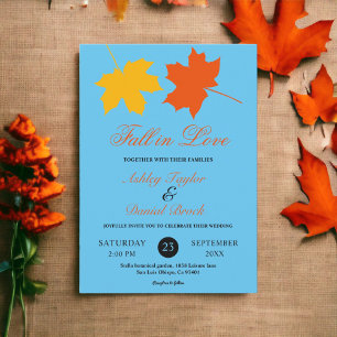 Invitation Mariage Floral Automnal Bleu Feuilles D'automne Él