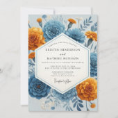 Invitation Mariage Floral Automnal Bleu Orange (Devant)