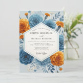 Invitation Mariage Floral Automnal Bleu Orange (Debout devant)
