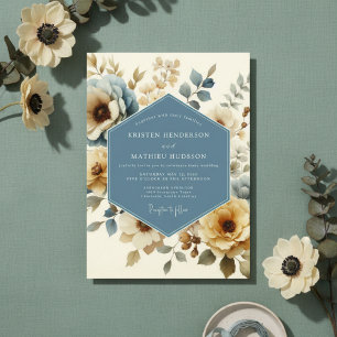 Invitation Mariage Floral Automnal Bleu Poussiéreux