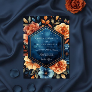 Invitation Mariage Floral Automnal Bleu Profond