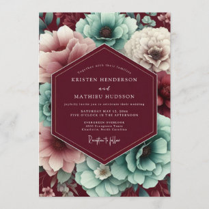Invitation Mariage Floral Automnal Bordeaux et Sarcelle