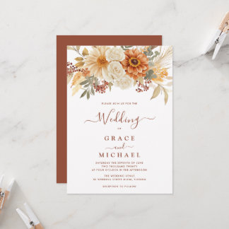 Invitation Mariage Floral Automnal Bourgogne Terracotta