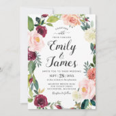 Invitation Mariage Floral Automnal Moderne Script Rose Bourgu (Devant)