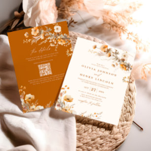 Invitation Mariage Floral Automnal Orange Brûlé