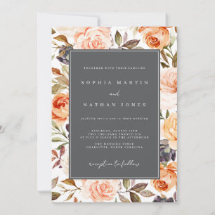 Invitation Mariage Floral Automnal Orange Gris Brûlé