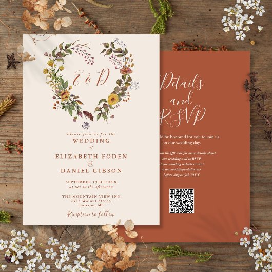 Invitation Mariage Floral Automnal Rustique avec Code QR