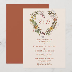Invitation Mariage Floral Automnal Rustique en Forme de Coeur