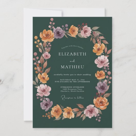 Invitation Mariage Floral Automnal Vert Profond (Devant)