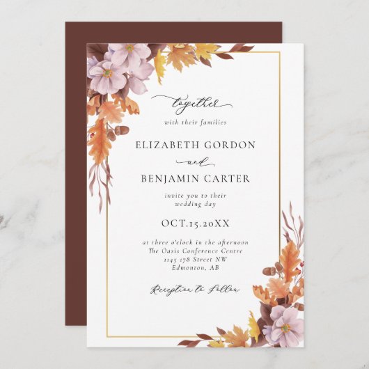 Invitation Mariage Floral Automne Élégant Feuillage Script (Devant / Derrière)
