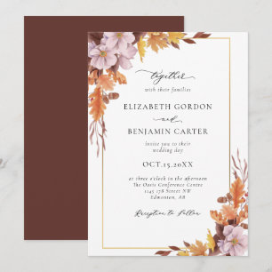 Invitation Mariage Floral Automne Élégant Feuillage Script