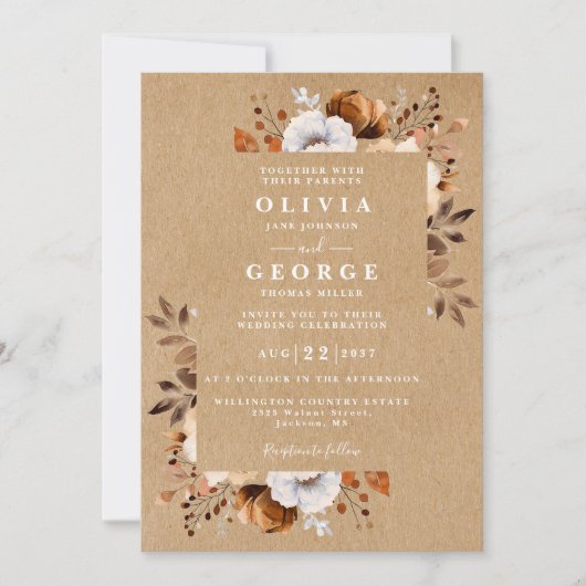 Invitation Mariage Floral Automne Rustique Kraft (Devant)