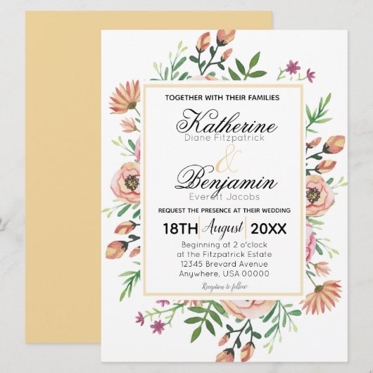 Invitation Mariage Floral aux Pêches (Devant / Derrière)