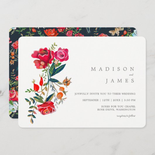 Invitation Mariage floral aux roses rouges (Devant / Derrière)