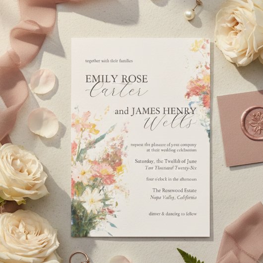 Invitation Mariage Floral aux Teintes Roses Romantiques