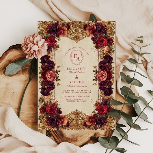 Invitation Mariage floral baroque de Bourgogne et d'or