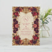 Invitation Mariage floral baroque de Bourgogne et d'or (Debout devant)
