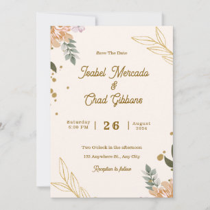 Invitation Mariage Floral Beige Et Or De Marque Personnalisée