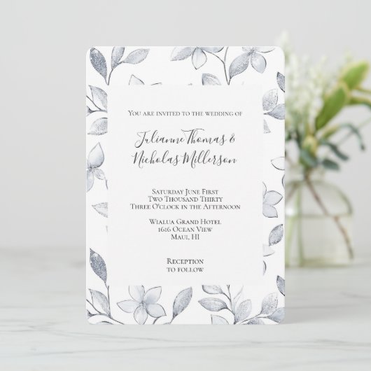 Invitation Mariage floral blanc argenté (Debout devant)