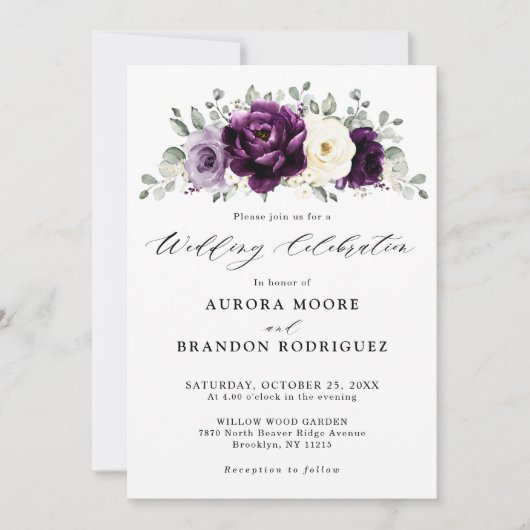 Invitation Mariage floral blanc blanc blanc blanc de prune d' (Devant)