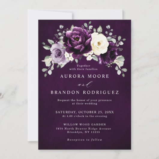 Invitation Mariage floral blanc blanc blanc blanc de prune d' (Devant)