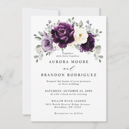 Invitation Mariage floral blanc blanc blanc blanc de prune d' (Devant)