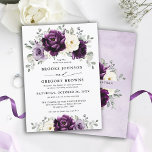 Invitation Mariage floral blanc blanc blanc blanc de prune d'<br><div class="desc">Élégante faire-part de mariage fleurie du milieu de l'été avec un bouquet de pivoines roses aquarelles dans les tons de prune violette, de fleurs d'ivoire de champagne et de sauge, vert luxuriant eucalyptus feuilles. S'il vous plaît trouver d'autres modèles et variantes de mon magasin "blissweddingpaperie". Et n'hésitez pas à me...</div>