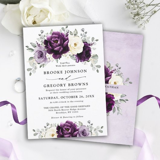Invitation Mariage floral blanc blanc blanc blanc de prune d'