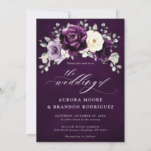 Invitation Mariage floral blanc blanc blanc blanc de prune d' (Devant)