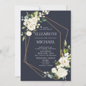 Invitation Mariage floral blanc blanc bleu cuivré géométrique (Devant)