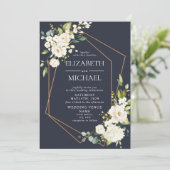Invitation Mariage floral blanc blanc bleu cuivré géométrique (Debout devant)