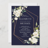 Invitation Mariage floral blanc blanc bleu marine géométrique (Devant)