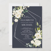 Invitation Mariage floral blanc blanc bleu marine géométrique (Devant)
