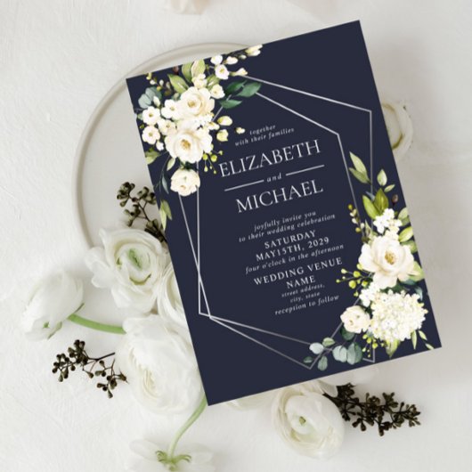 Invitation Mariage floral blanc blanc bleu marine géométrique
