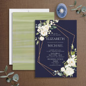 Invitation Mariage floral blanc blanc bleu marine géométrique