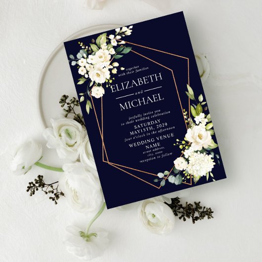 Invitation Mariage floral blanc blanc bleu marine géométrique