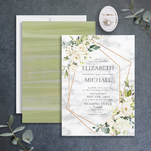 Invitation Mariage floral blanc blanc en marbre géométrique c
