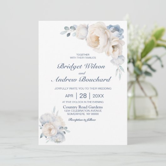 Invitation Mariage floral blanc bleu foncé (Debout devant)