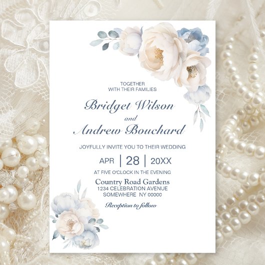 Invitation Mariage floral blanc bleu foncé