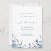 Invitation Mariage Floral Blanc Bleu Moderne (Devant)
